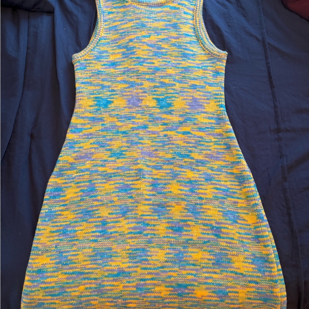 Blue and Gold Sleeveless Sheath Midi Dress